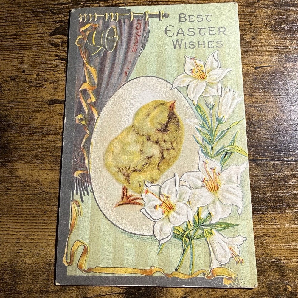 VTG BEST‎ EASTER WISHES Postcard Chick Lily Embossed 1914 USA Ephemera Antique